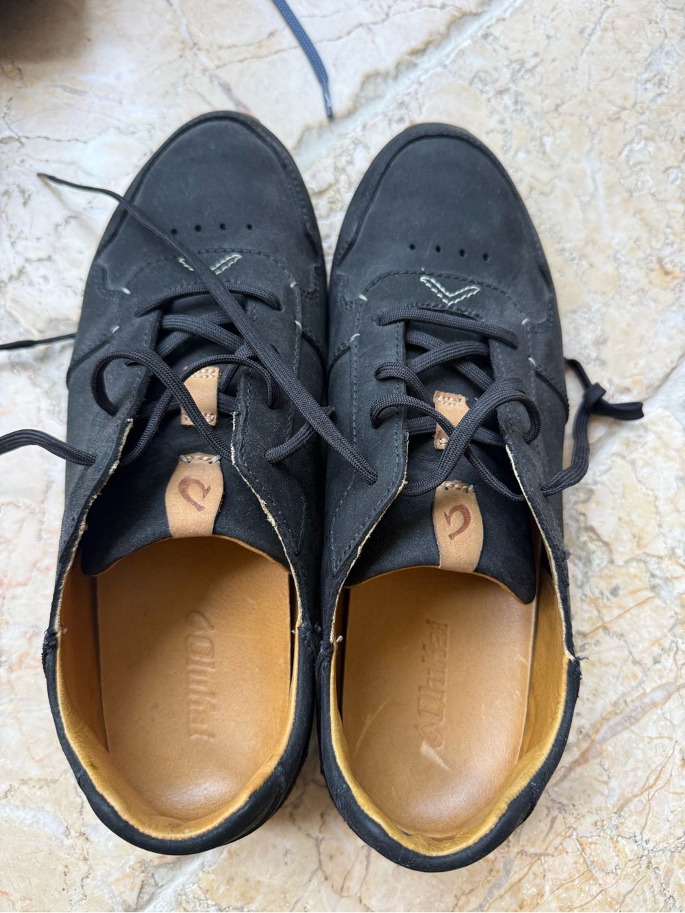 OluKai Men's Black Suede Casual Lace-Up Sneakers with Tan Insole Accents